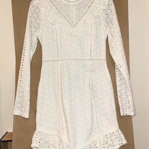 white eyelet high neck long sleeve dress